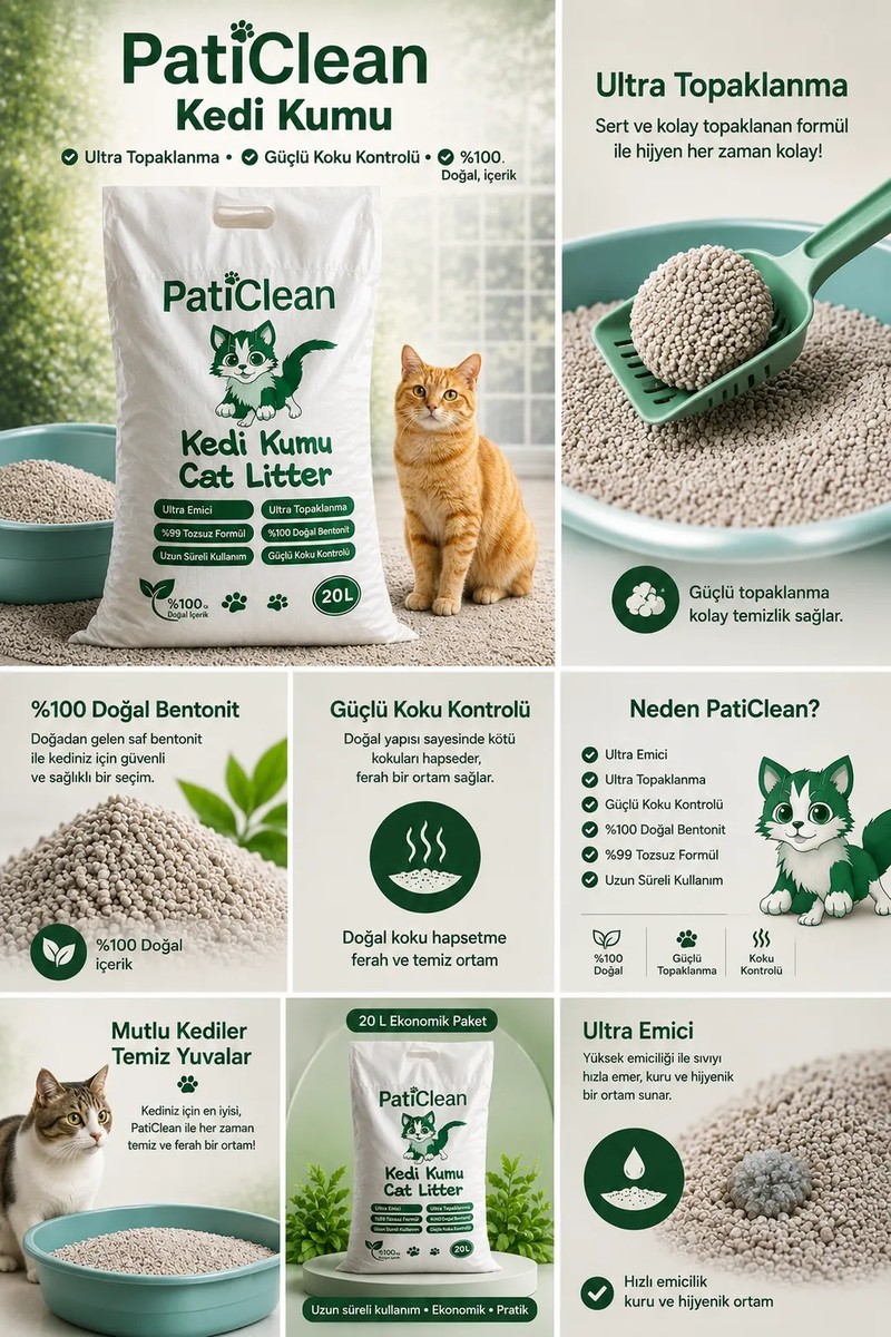 Pati Pati Clean 20 Lt İnce Taneli Süper Topaklanan Beyaz Bentonit Kedi Kumu Kokusuz Organik Kedi Kumu — 2. ürün görseli