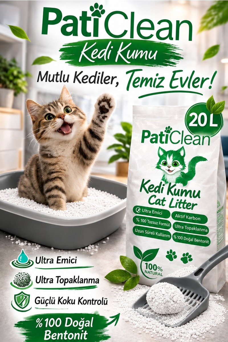 Pati Pati Clean 20 Lt İnce Taneli Süper Topaklanan Beyaz Bentonit Kedi Kumu Kokusuz Organik Kedi Kumu — 3. ürün görseli