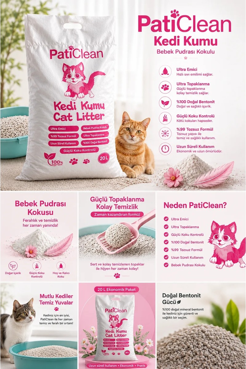Pati Clean Pati Clean Bebek Pudra Kokulu 20 lt İnce Taneli Süper Topaklanan Kedi Kumu %99 — 4. ürün görseli