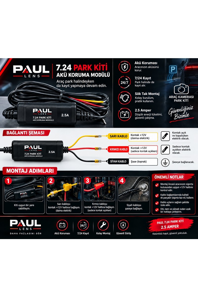 Paul Paul Type-C Girişli 7/24 Araç Kamerası Park Modu Bağlantı Kiti Hardwire Kit 3 Metre Sigorta — 5. ürün görseli