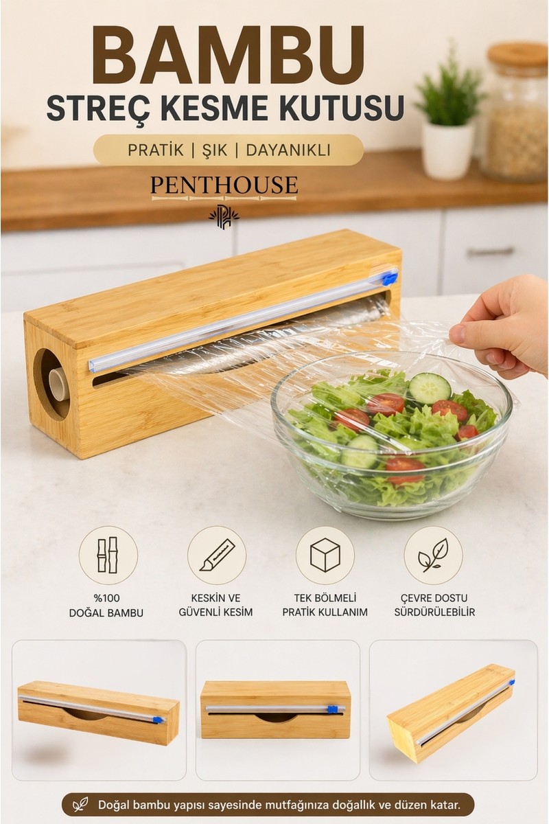 Penthouse Penthouse Bambu Streç Film Kesme Kutusu 33 cm Tek Bölmeli Pratik Kullanım Alüminyum Folyo ve Pişirme Kağıdı Uyumlu fiyatı ve görseli