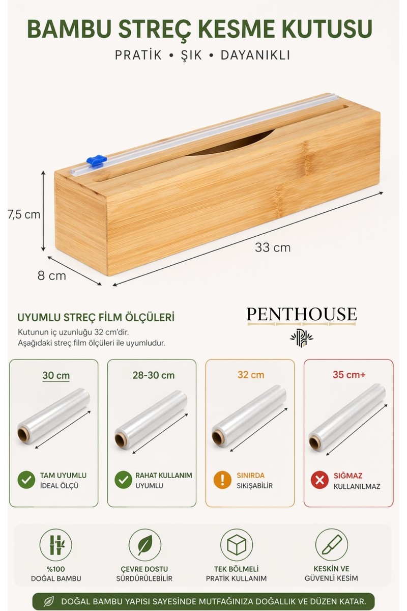 Penthouse Penthouse Bambu Streç Film Kesme Kutusu 33 cm Tek Bölmeli Pratik Kullanım Alüminyum Folyo ve Pişirme Kağıdı Uyumlu — 2. ürün görseli