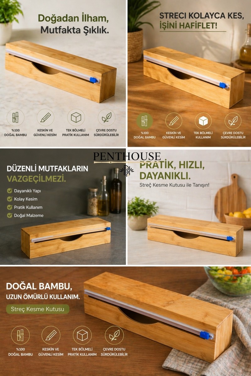 Penthouse Penthouse Bambu Streç Film Kesme Kutusu 33 cm Tek Bölmeli Pratik Kullanım Alüminyum Folyo ve Pişirme Kağıdı Uyumlu — 3. ürün görseli