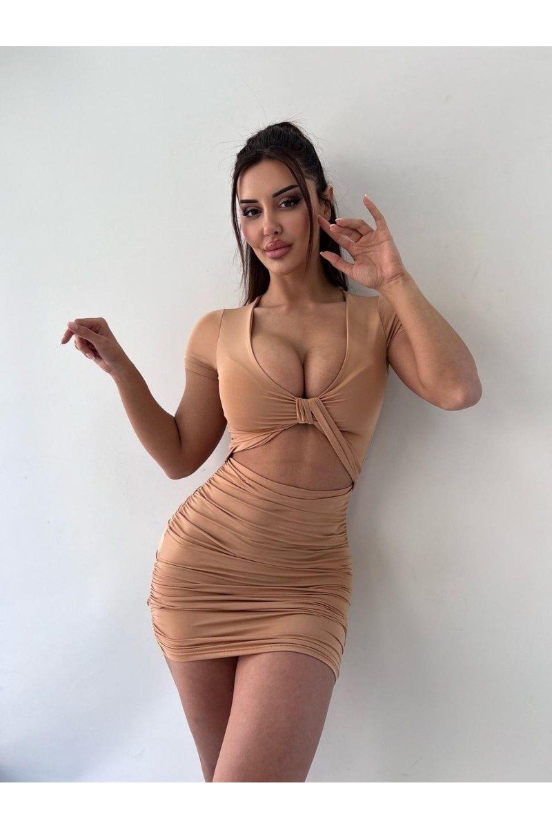 Pink Life Bej V Yaka Hollow Out Wrap Hip Kısa Kollu Mini Elbise