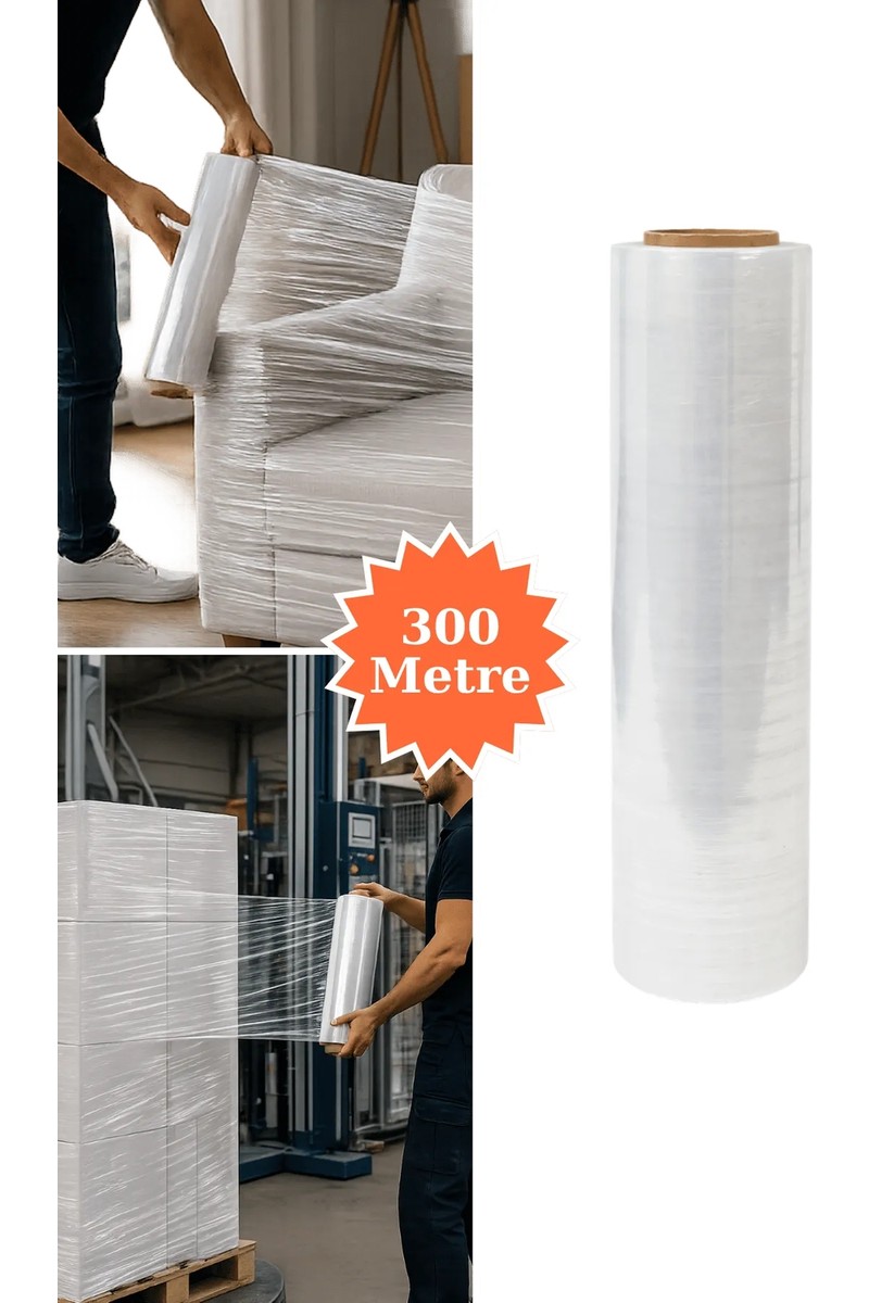 Plas+Plus Plas+Plus El Tipi Şeffaf Streç Film Mobilya Eşya Koli Palet Paket Taşıma Sarma Koruma 50 cm x 300 m 17 Mikron fiyatı ve görseli