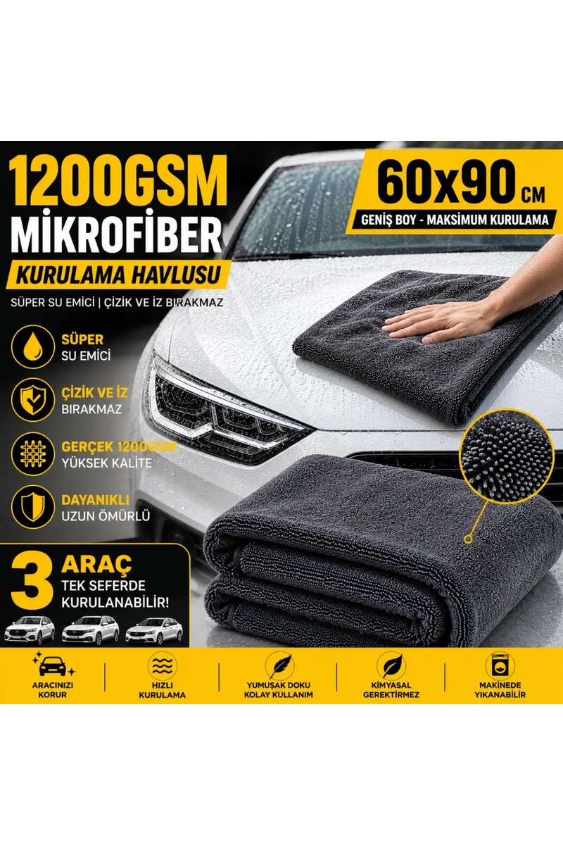 Polham XL 60X90CM 1200GSM Süper Su Emici Özellikli Mikrofiber Araç Kurulama Havlusu, Çizik ve Iz Bırakmaz Bez