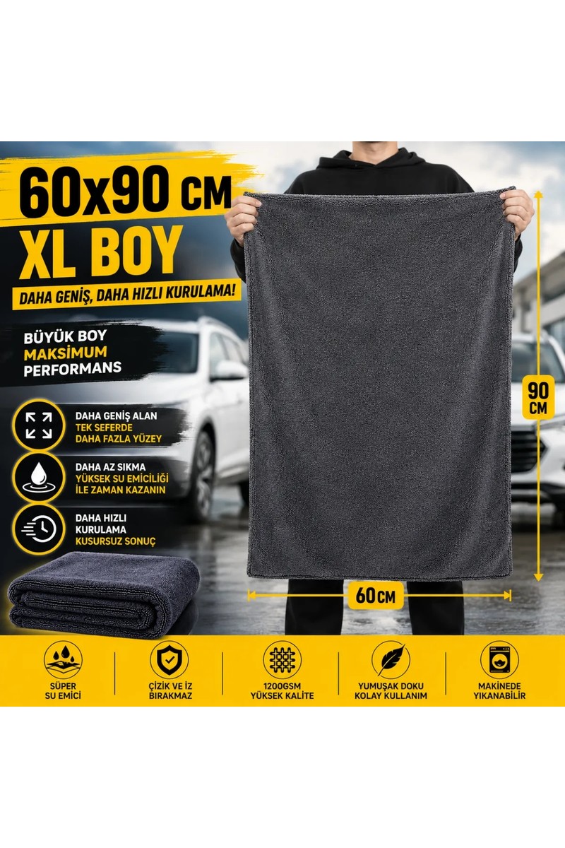 Polham Polham XL 60X90CM 1200GSM Süper Su Emici Özellikli Mikrofiber Araç Kurulama Havlusu, Çizik ve Iz Bırakmaz Bez — 2. ürün görseli