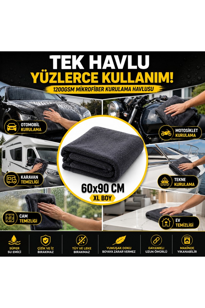 Polham Polham XL 60X90CM 1200GSM Süper Su Emici Özellikli Mikrofiber Araç Kurulama Havlusu, Çizik ve Iz Bırakmaz Bez — 3. ürün görseli