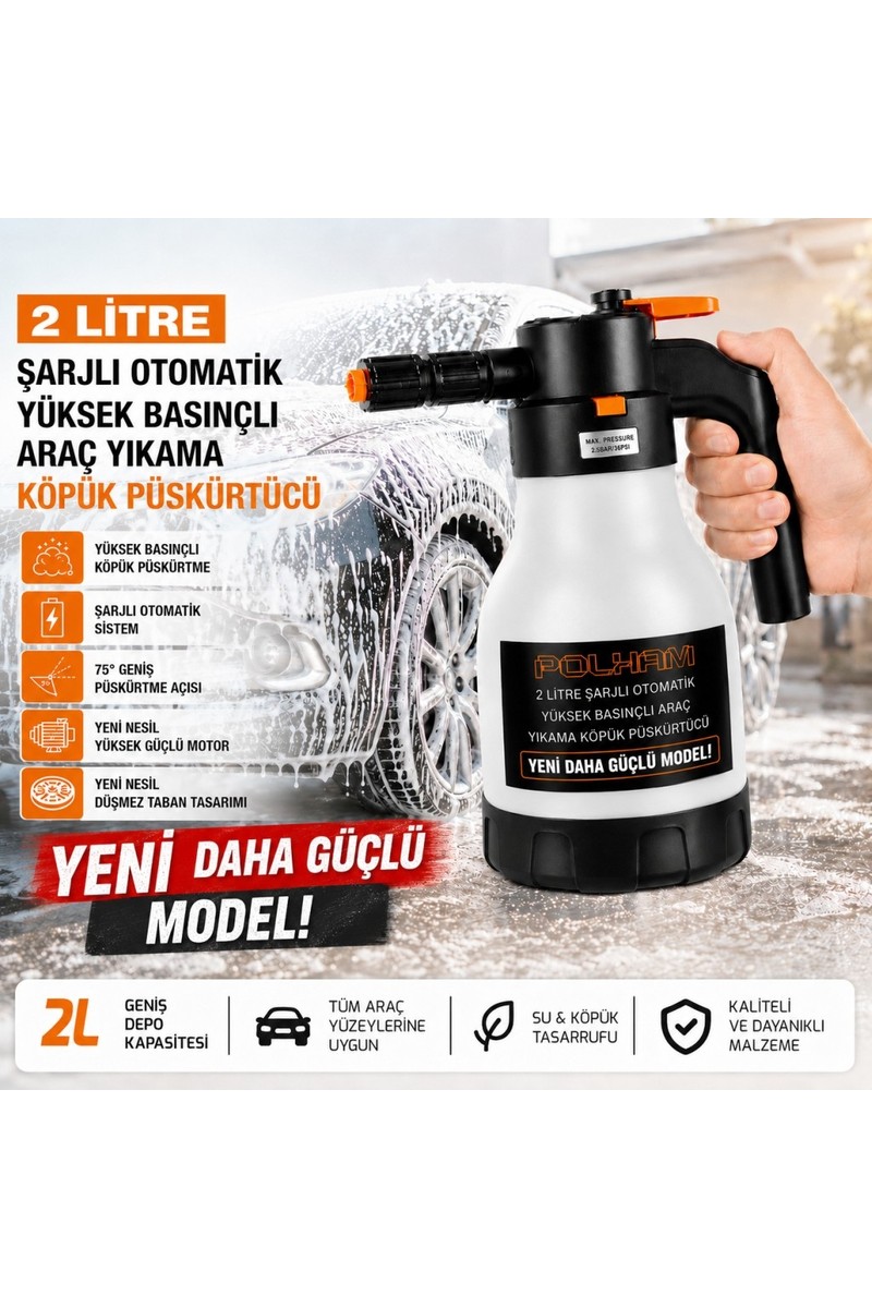 Polham Yeni Nesil 2L Şarjlı Otomatik Basınçlı Araç Yıkama Köpük Püskürtücü, Araç, Jant, Bahçe Yıkama Pompası