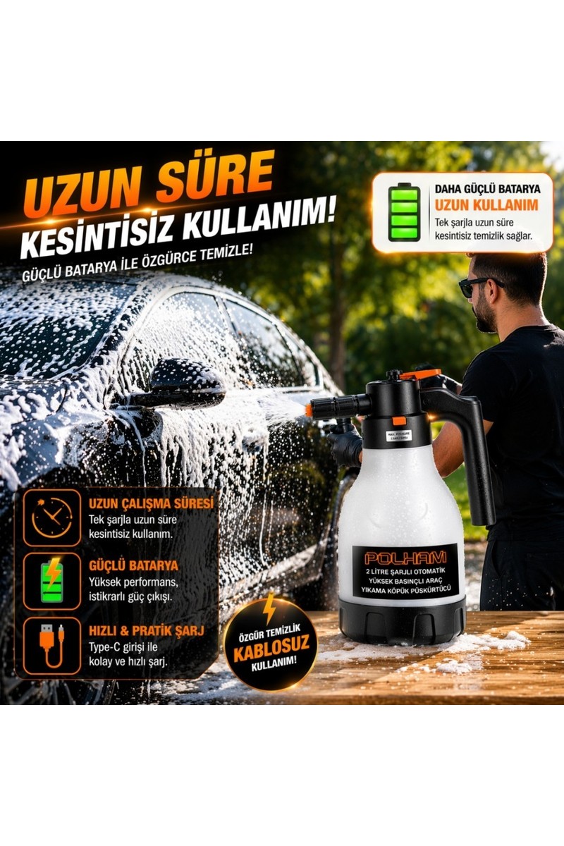 Polham Polham Yeni Nesil 2L Şarjlı Otomatik Basınçlı Araç Yıkama Köpük Püskürtücü, Araç, Jant, Bahçe Yıkama Pompası — 2. ürün görseli