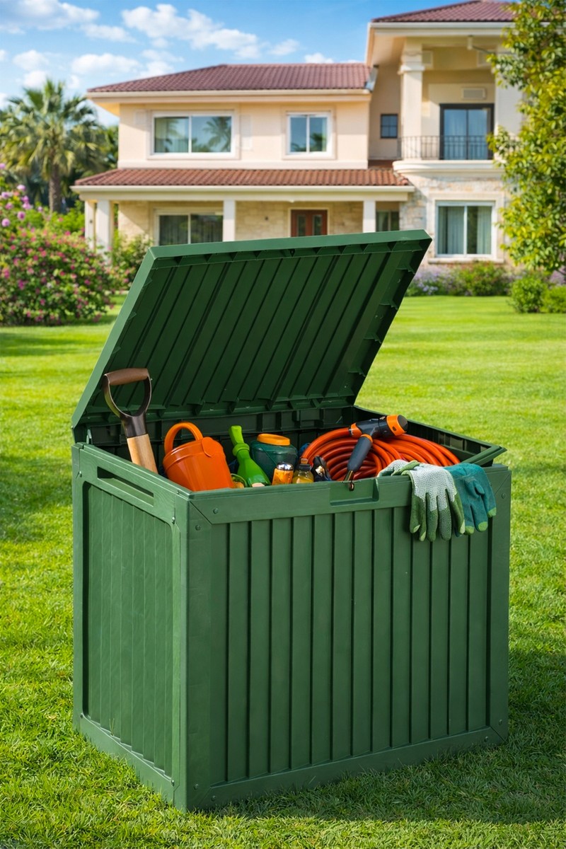 Porsima 161001-005 130LT Kilitli Organizer Kapaklı Bahçe Balkon Kiler Sandığı Çok Amaçlı Depolama Sandığı Yeşil