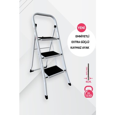 Portalife Portalife 3 Basamaklı Beyaz Çelik Merdiven - Ekstra Güçlü Gövde - Kalın fiyatı ve görseli
