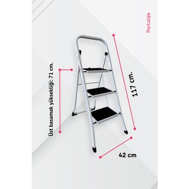Portalife Portalife 3 Basamaklı Beyaz Çelik Merdiven - Ekstra Güçlü Gövde - Kalın — 4. ürün görseli