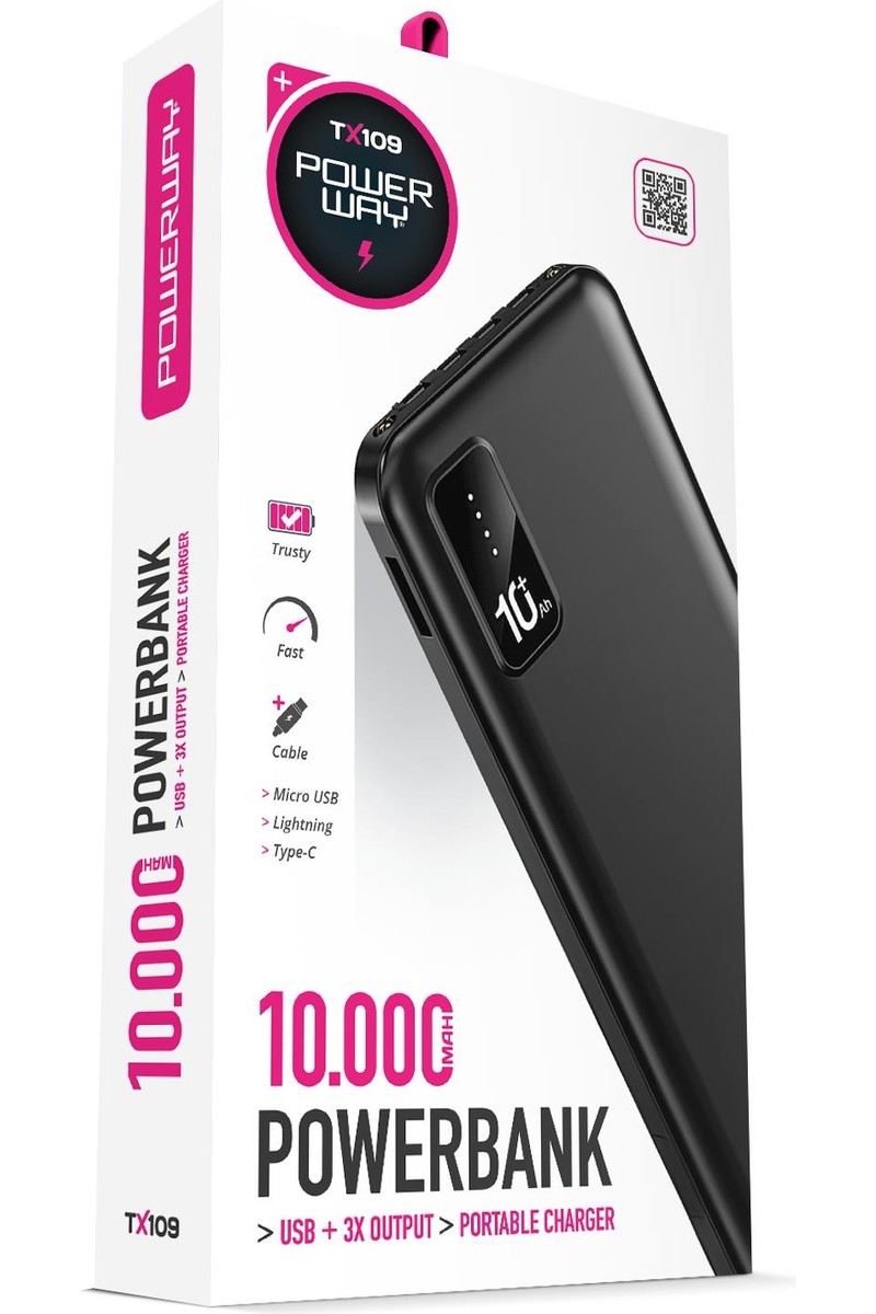 Powerway 10.000 Mah Kablolu Dijital Göstergeli 10.000 Mah Garantili Dahili Stand TX109 Siyah Powerbank