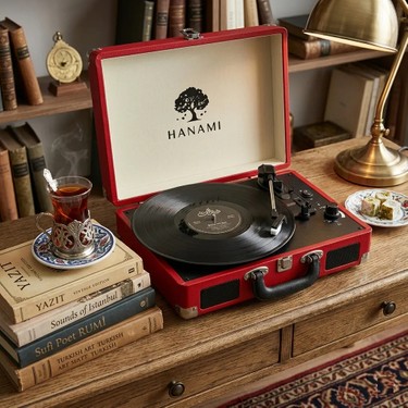 Quiqa Quiqa Hanami Kapaklı Ahşap Pikap Bluetooth'lu  Tüm Plakları Çalan Kırmızı fiyatı ve görseli