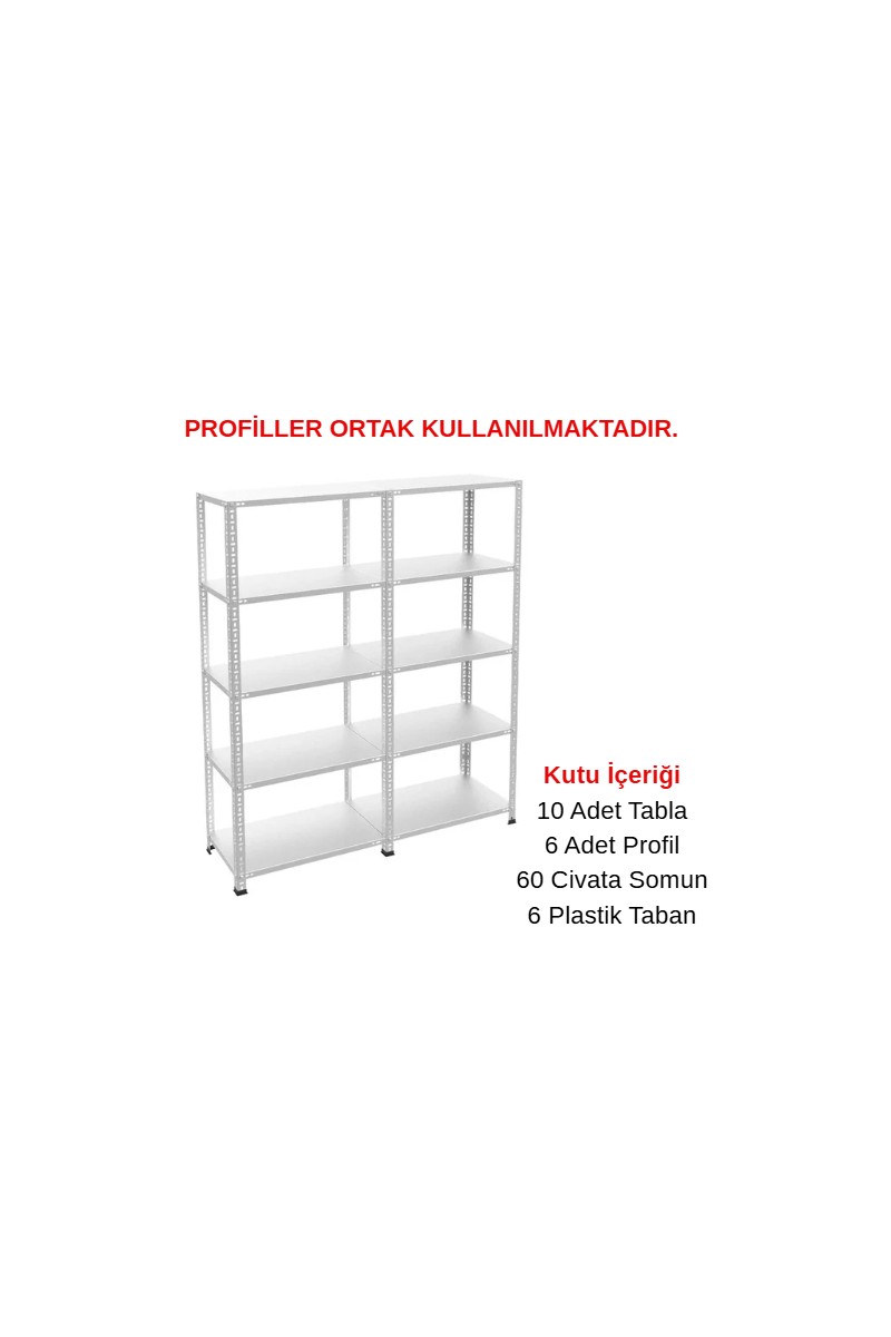 Rafburada 5 Katlı Duble Galvaniz Çelik Raf - Depo, Arşiv, Kiler, Dosya, Market Rafı - 31x60 cm-200 cm-0.70 mm