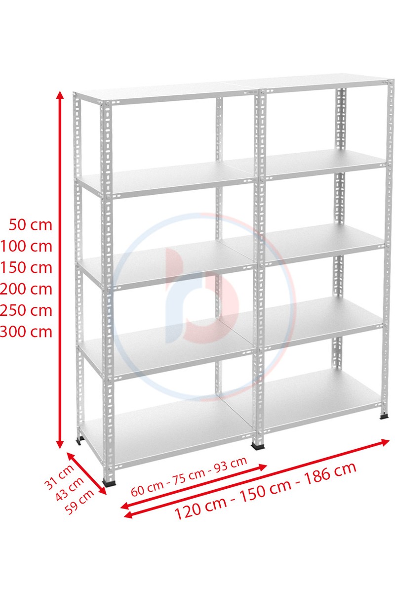 Rafburada Rafburada 5 Katlı Duble Galvaniz Çelik Raf - Depo, Arşiv, Kiler, Dosya, Market Rafı - 31x60 cm-200 cm-0.70 mm — 2. ürün görseli