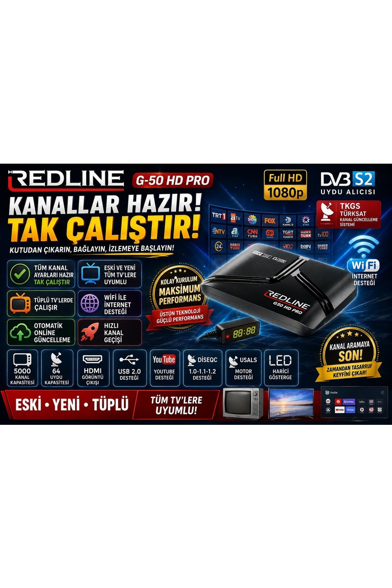 Redline Redline G-50 Hd Pro Full Hd Uydu Alıcısı R Tüplü ve LED Tv Uyumlu Tkgs Wifi Destekli Youtube 5000 — 5. ürün görseli
