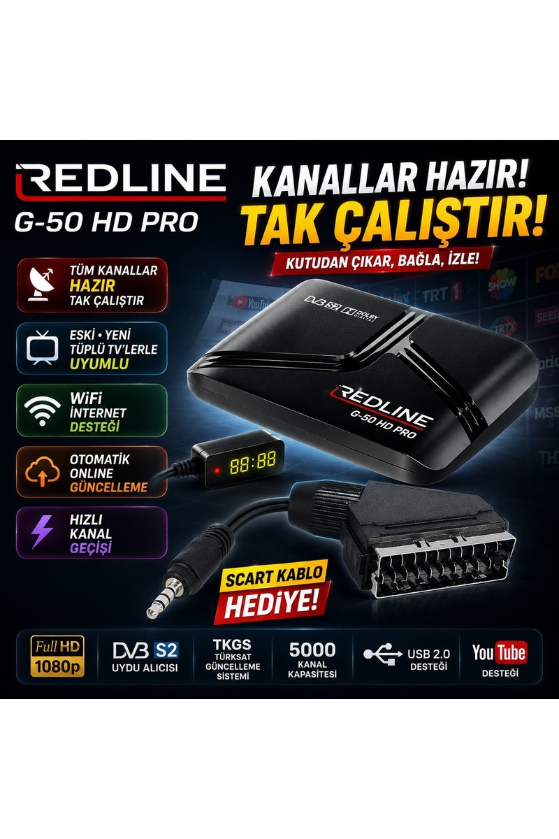 Redline Redline G-50 Hd Pro Full Hd Uydu Alıcısı R Tüplü ve LED Tv Uyumlu Tkgs Wifi Destekli Youtube 5000 — 6. ürün görseli