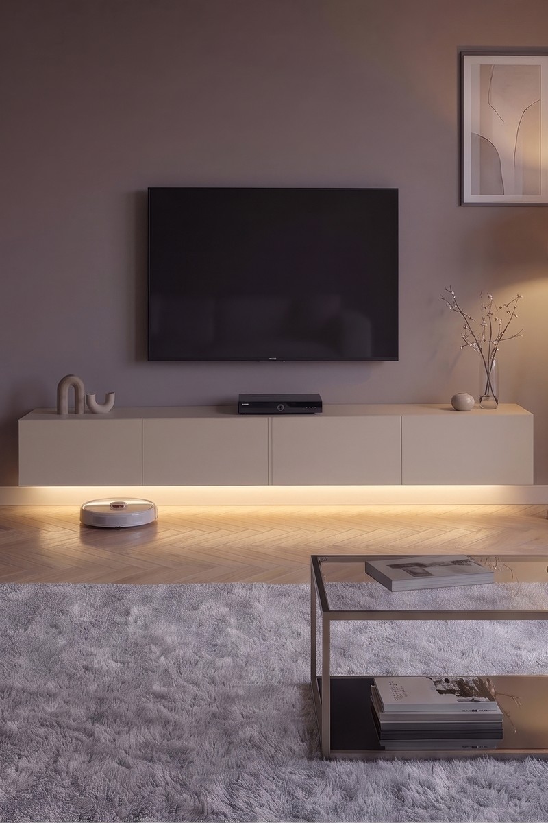 Robeve 240 cm LED Aydınlatmalı Duvara Monte Tv Ünitesi - Modern Televizyon Ünitesi Televizyon Sehpası - 4 Kapaklı Depolama Alanlı Salon Televizyon Konsolu - Kumbeji Kumtaşı Duvar Tipi Tv Dolabı