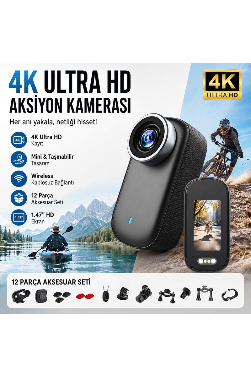 Robeve 4K Ultra Hd Mini Aksiyon Kamerası – 1.47” Hd Ekranlı Taşınabilir Wireless Vlog Kamera, 180° Döner Lens, Kablosuz Bağlantı, Fotoğraf & Video Çekimi, 12 Parça Aksesuar Setli Kompakt Cep Kamerası