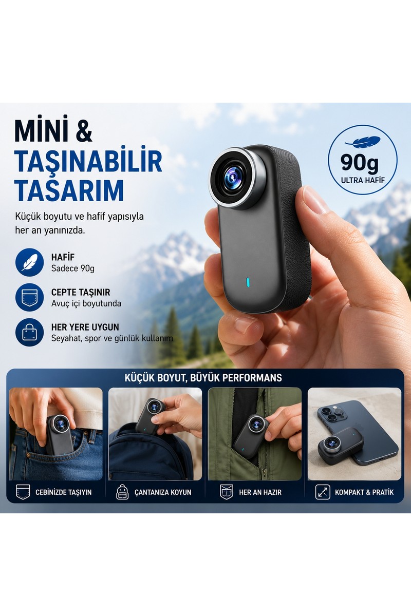 Robeve Robeve 4K Ultra Hd Mini Aksiyon Kamerası – 1.47” Hd Ekranlı Taşınabilir Wireless Vlog Kamera, 180° Döner Lens, Kablosuz Bağlantı, Fotoğraf & Video Çekimi, 12 Parça Aksesuar Setli Kompakt Cep Kamerası — 2. ürün görseli