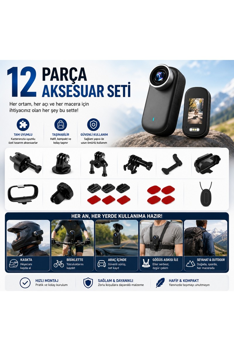 Robeve Robeve 4K Ultra Hd Mini Aksiyon Kamerası – 1.47” Hd Ekranlı Taşınabilir Wireless Vlog Kamera, 180° Döner Lens, Kablosuz Bağlantı, Fotoğraf & Video Çekimi, 12 Parça Aksesuar Setli Kompakt Cep Kamerası — 3. ürün görseli