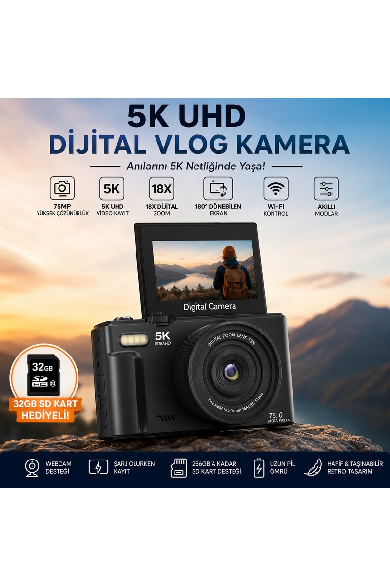 Robeve 5k UHD 75MP Fotoğraf Makinesi Dijital Vlog Kamera – 18X Dijital Zoom, 180° Dönebilen IPS Ekran, Wi-Fi Kontrollü, Slow Motion & Time-Lapse Destekli 64GB Sd Kart Hediyeli Fotoğraf Makinası