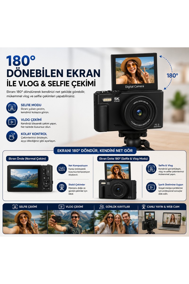 Robeve Robeve 5k UHD 75MP Fotoğraf Makinesi Dijital Vlog Kamera – 18X Dijital Zoom, 180° Dönebilen IPS Ekran, Wi-Fi Kontrollü, Slow Motion & Time-Lapse Destekli 64GB Sd Kart Hediyeli Fotoğraf Makinası — 2. ürün görseli