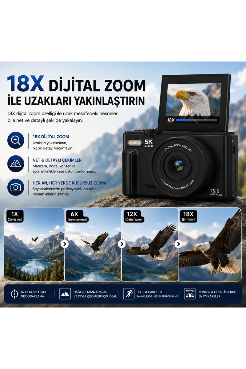 Robeve Robeve 5k UHD 75MP Fotoğraf Makinesi Dijital Vlog Kamera – 18X Dijital Zoom, 180° Dönebilen IPS Ekran, Wi-Fi Kontrollü, Slow Motion & Time-Lapse Destekli 64GB Sd Kart Hediyeli Fotoğraf Makinası — 3. ürün görseli