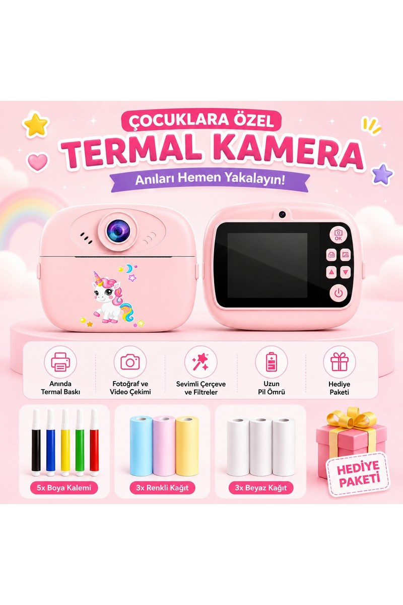 Robeve Çocuk Termal Baskılı Fotoğraf Makinesi – Anında Baskı Özellikli Çocuk Kamerası, Fotoğraf ve Video Çekimi, Çerçeveler ve Filtreler, Şarj Edilebilir Çocuk Kamerası, Hediye Kağıt ve Kalem Setli