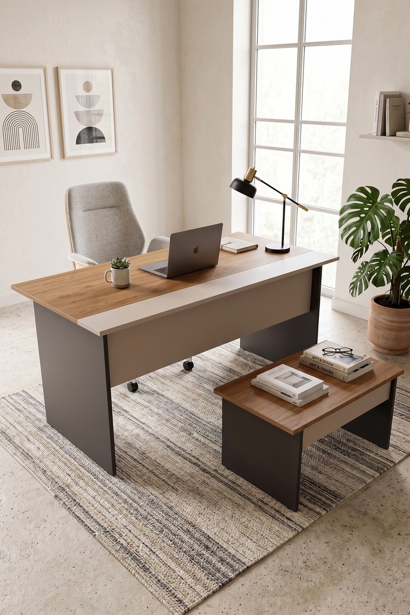 Robin Home Nexus Yönetici Ofis Takımı Makam Takımı 2 Parça Çalışma Masası Sehpa Sepet-Kumsal-Antrasit