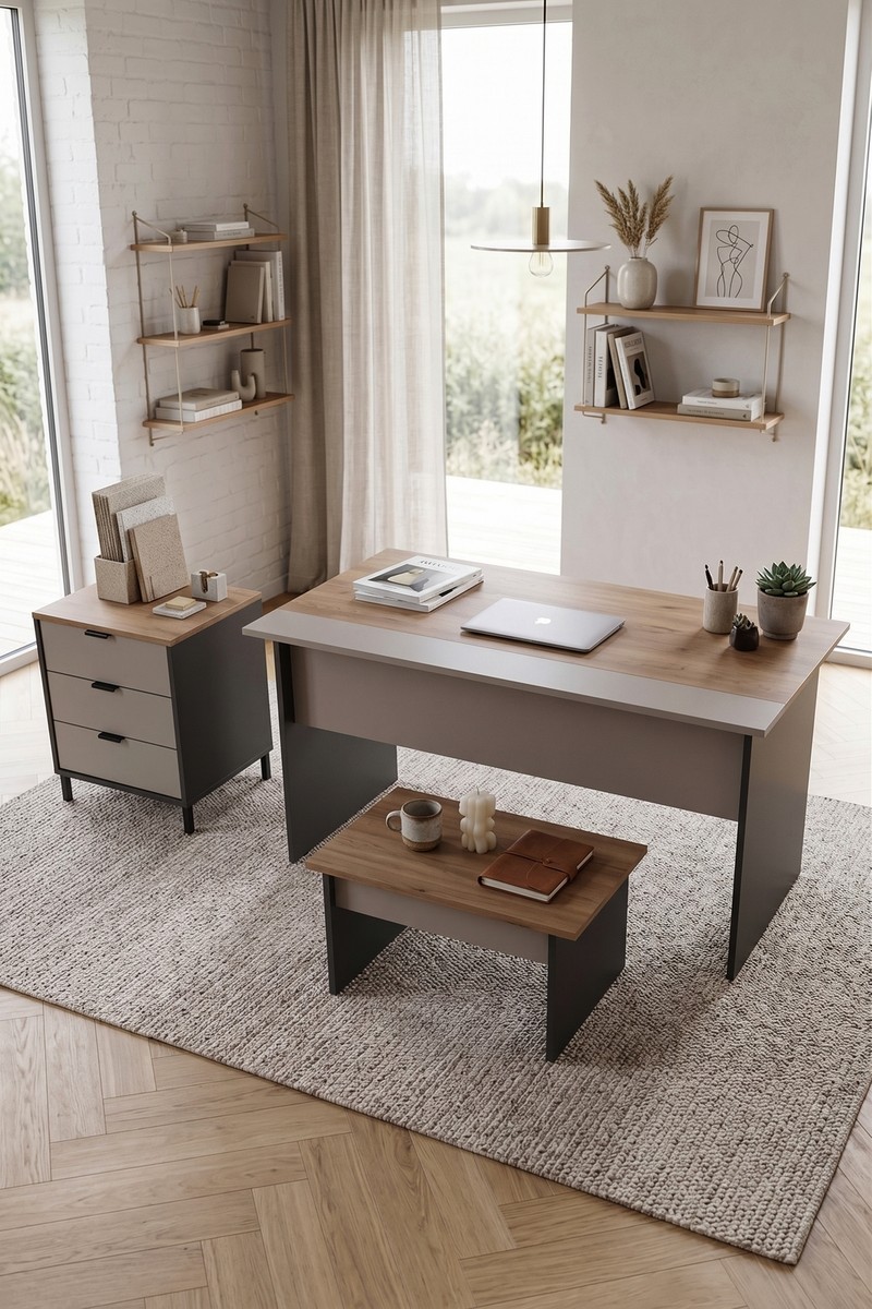 Robin Home Nexus Yönetici Ofis Takımı Makam Takımı Çalışma Masası Sehpa Keson 3 Parça Sepet-Kumsal-Antrasit