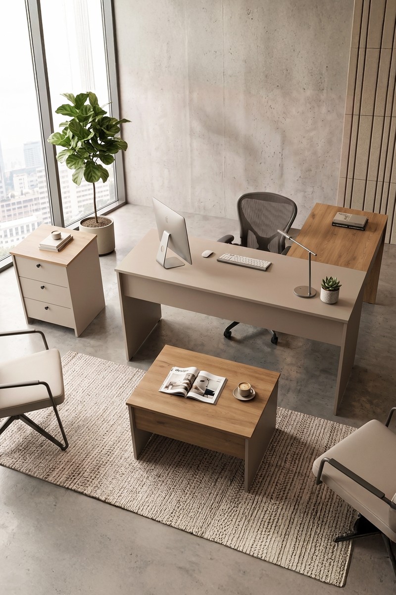Robin Home Opus Yönetici Ofis Takımı Makam Takımı Çalışma Masası Sehpa Keson 3 Parça Sepet-Kumsal