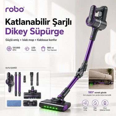 Robo Robo Katlanır Şarjlı Dikey Süpürge Islak Mop Başlıklı fiyatı ve görseli