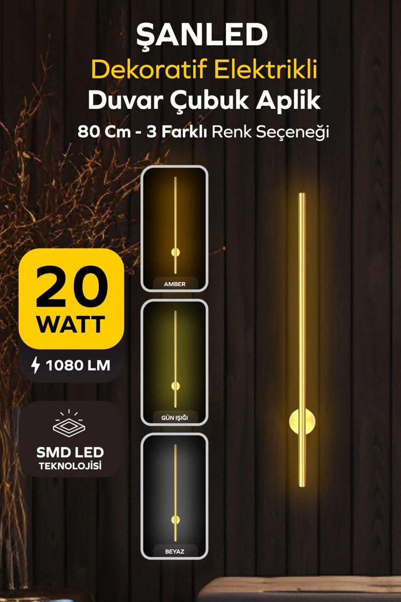 ŞANLED Dekoratif 20W Iç Mekan Gold Kasa 3 Renkli Işık Elektrikli 80 cm Duvar Aplik 1 Adet