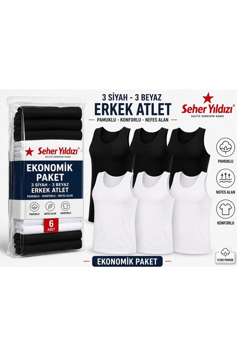 Seher Yıldızı Seher Yıldızı Seher Yildizi Seher 6'lı Erkek Beyaz-Siyah Atlet Pamuk — 2. ürün görseli