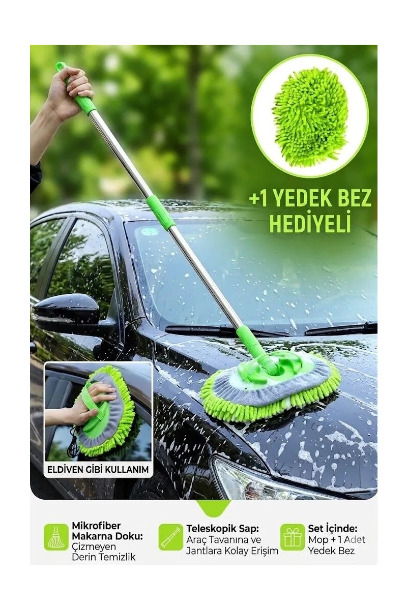 Sihirli Mop Araba Yıkama Fırçası Mikrofiber Bezli Teleskopik Saplı +1 Yedek Bez Hediyeli
