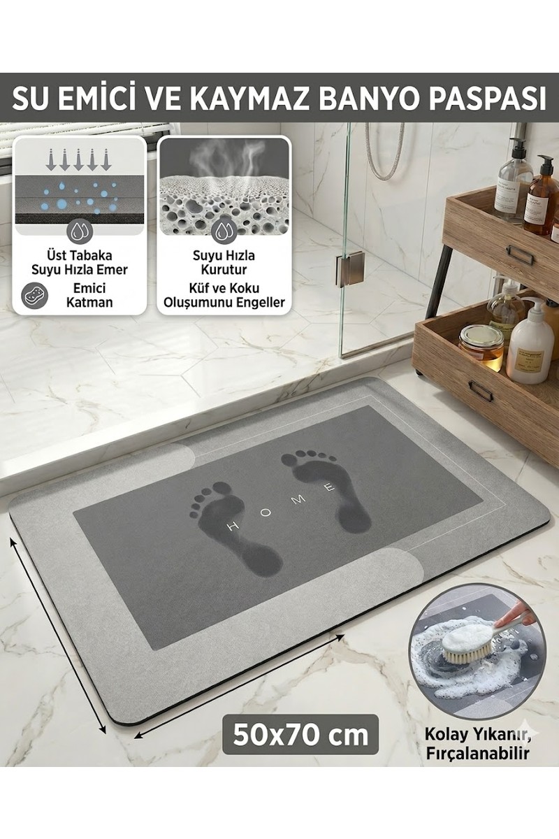 Sihirli Mop Su Emici Banyo Paspası Kaymaz Tabanlı Su Emici Yapı 50 x 70 cm Kare
