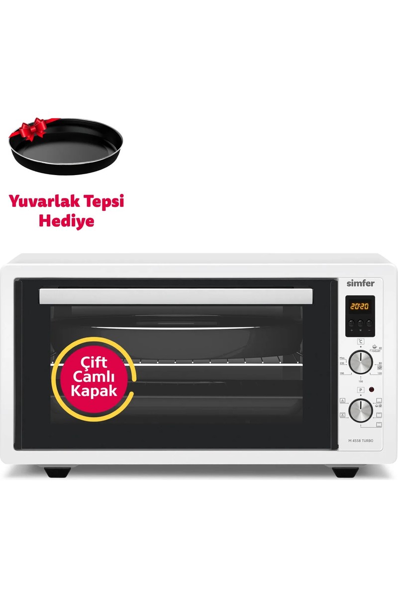 Simfer 4558 Beyaz 45 LT Turbo Fan Mini/Midi Fırın - 6 Fonksiyon, Dijital Ekran, Pop-Up Düğme,Yoğurt Yapma