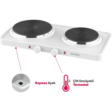 Simfer Simfer HP2500W Beyaz Hot Plate İki Gözlü Elektrikli Ocak (Çift Emniyetli Termostat , 2500W Krom fiyatı ve görseli