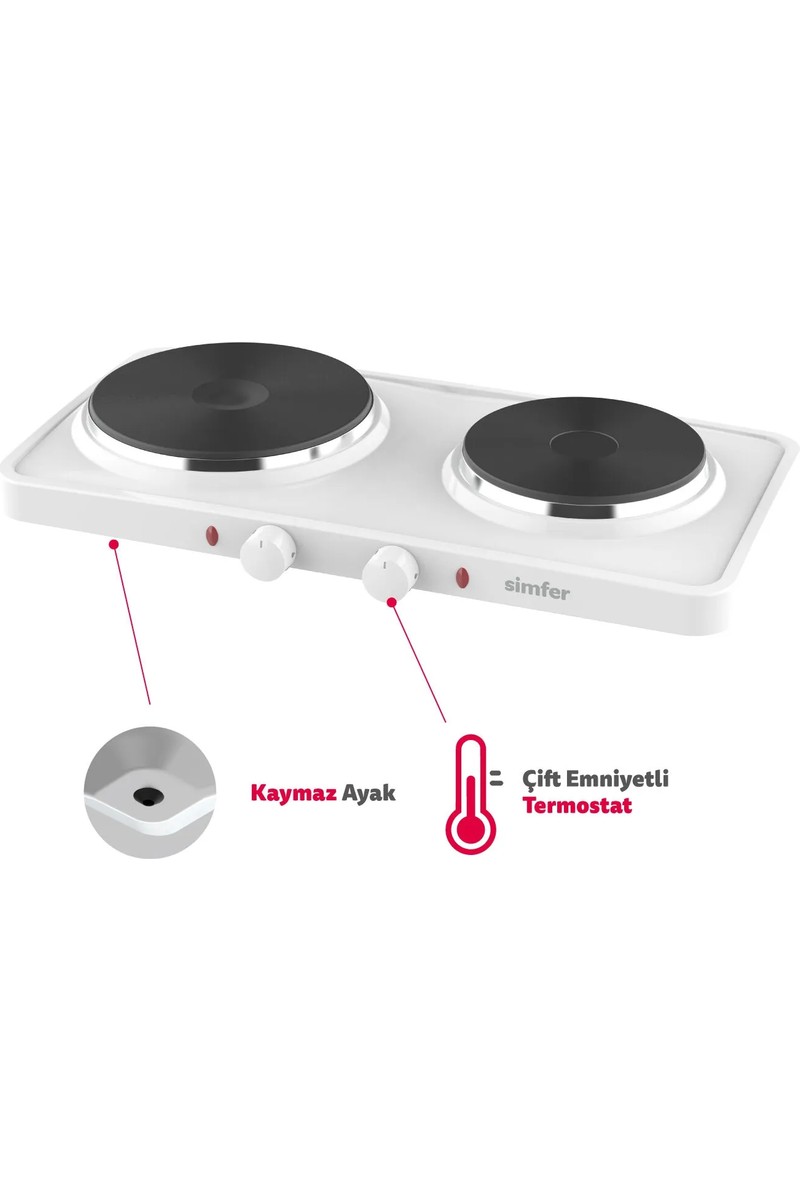 Simfer Simfer HP2500W Beyaz Hot Plate İki Gözlü Elektrikli Ocak (Çift Emniyetli Termostat , 2500W Krom — 5. ürün görseli