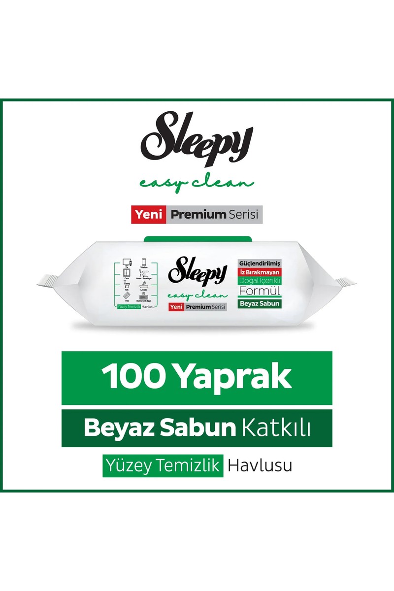 Sleepy Easy Clean Premium Beyaz Sabun Katkılı Yüzey Temizlik Havlusu Mendili 100 Yaprak