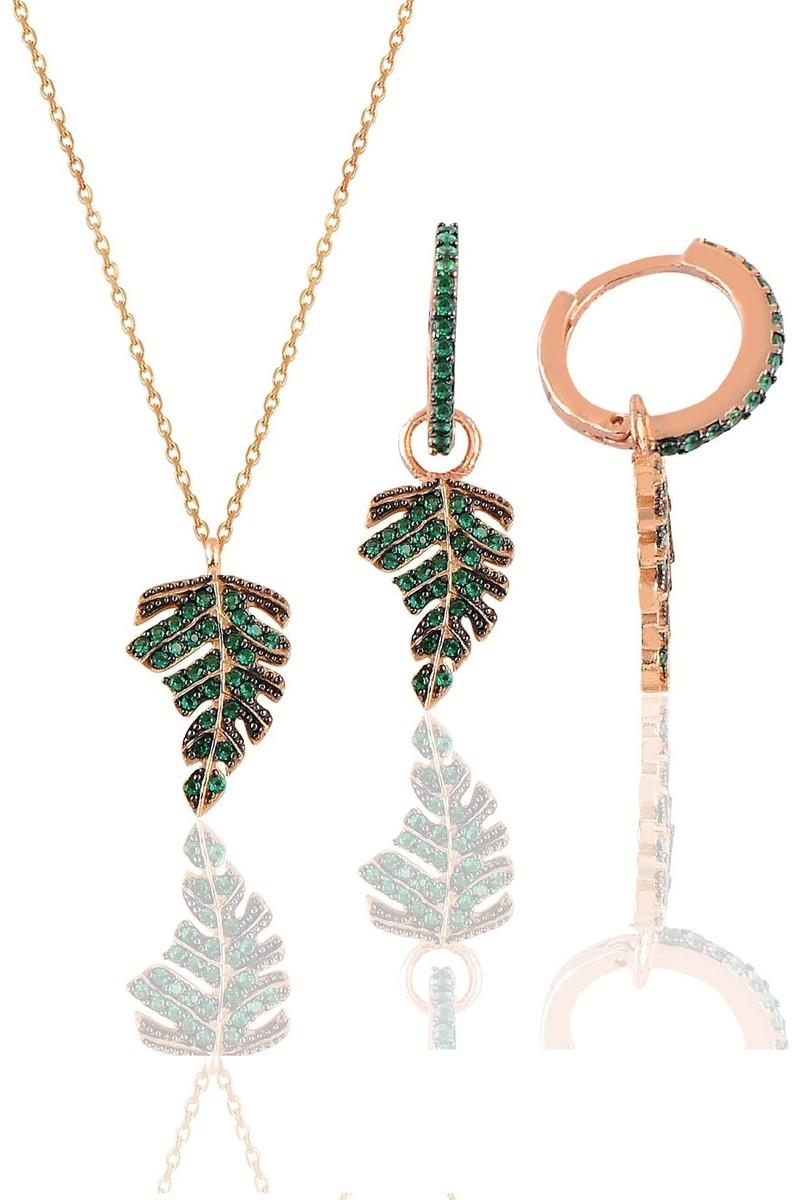 Söğütlü Silver Söğütlü Silver Gümüş Rose Yeşil Taşlı Yaprak Kolye ve Küpe — 4. ürün görseli