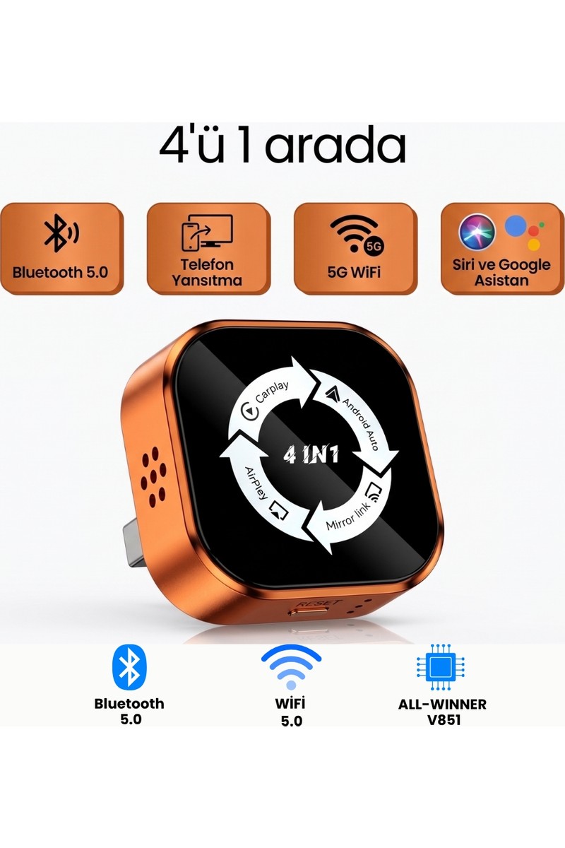 Solvis Kablosuz Araç Ekran Yanstıcı ve Carplay Adaptörü, Kablosuz Dönüştürücü 4in1 Apple ve Android Uyumlu Carplay Adaptörü
