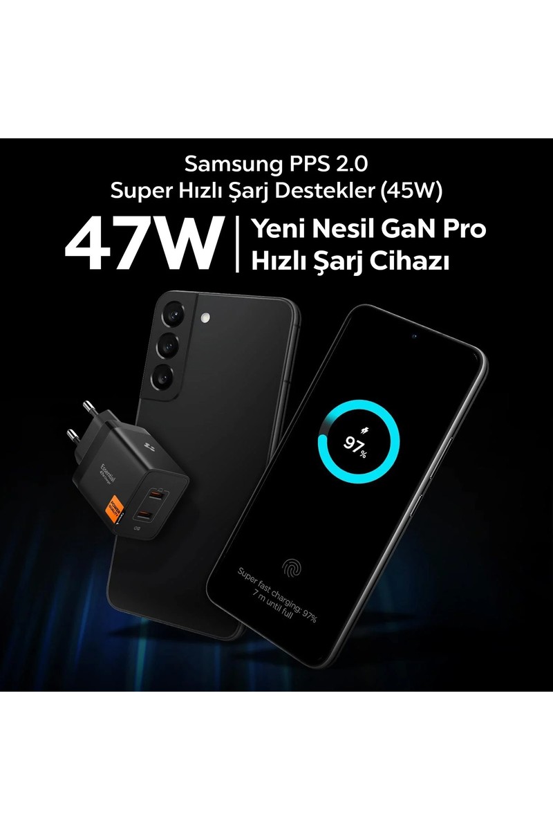 Spigen Spigen 47W USB-C 2 Port Mini Hızlı Şarj Aleti PPS 2.0 Super Hızlı Şarj GaN Pro Isı Düşürücü Güç Adaptörü Akım Koruma iPhone & Android & iPad & MacBook Type-C Siyah - ACH09457 (Spigen TR Garantili) — 2. ürün görseli