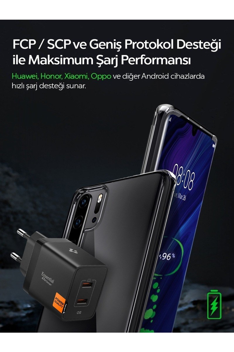 Spigen Spigen 47W USB-C 2 Port Mini Hızlı Şarj Aleti PPS 2.0 Super Hızlı Şarj GaN Pro Isı Düşürücü Güç Adaptörü Akım Koruma iPhone & Android & iPad & MacBook Type-C Siyah - ACH09457 (Spigen TR Garantili) — 3. ürün görseli