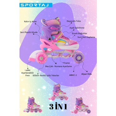 Sportaj Yıldız Gökkuşağı Işıklı Kız Çocuk Pateni Silikon Teker Ayarlanabilir Paten Taşıma Çantalı Pembe — 5. ürün görseli