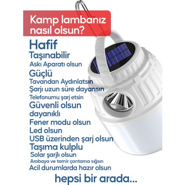 Suled Suled Kamp Lambası Solar Şarjlı El Feneri Usb Type-C Şarj Çıkışlı Power Bank Özellikli Lithium 30w — 2. ürün görseli