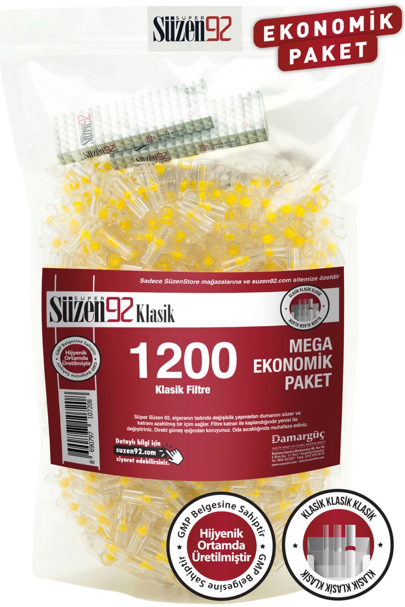 Süzen 92 Süzen92 Sigara Ağızlığı Filtresi Klasik 1200'lü Ekonomik Paket 2 Adet Taşıma Kutusu Hediyeli